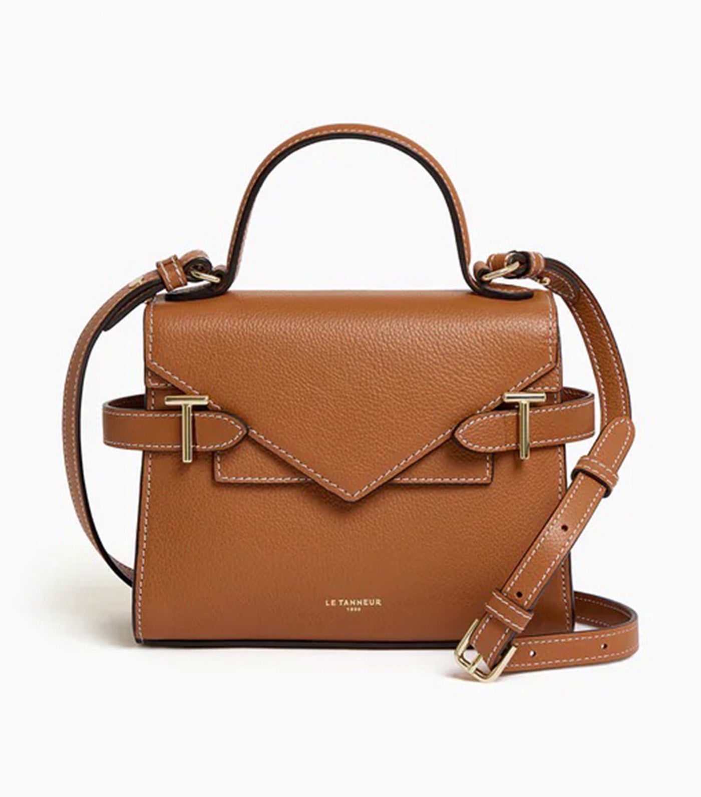 Le Tanneur Emily Small Double Flap Handbag in Grained Leather Brown Tan