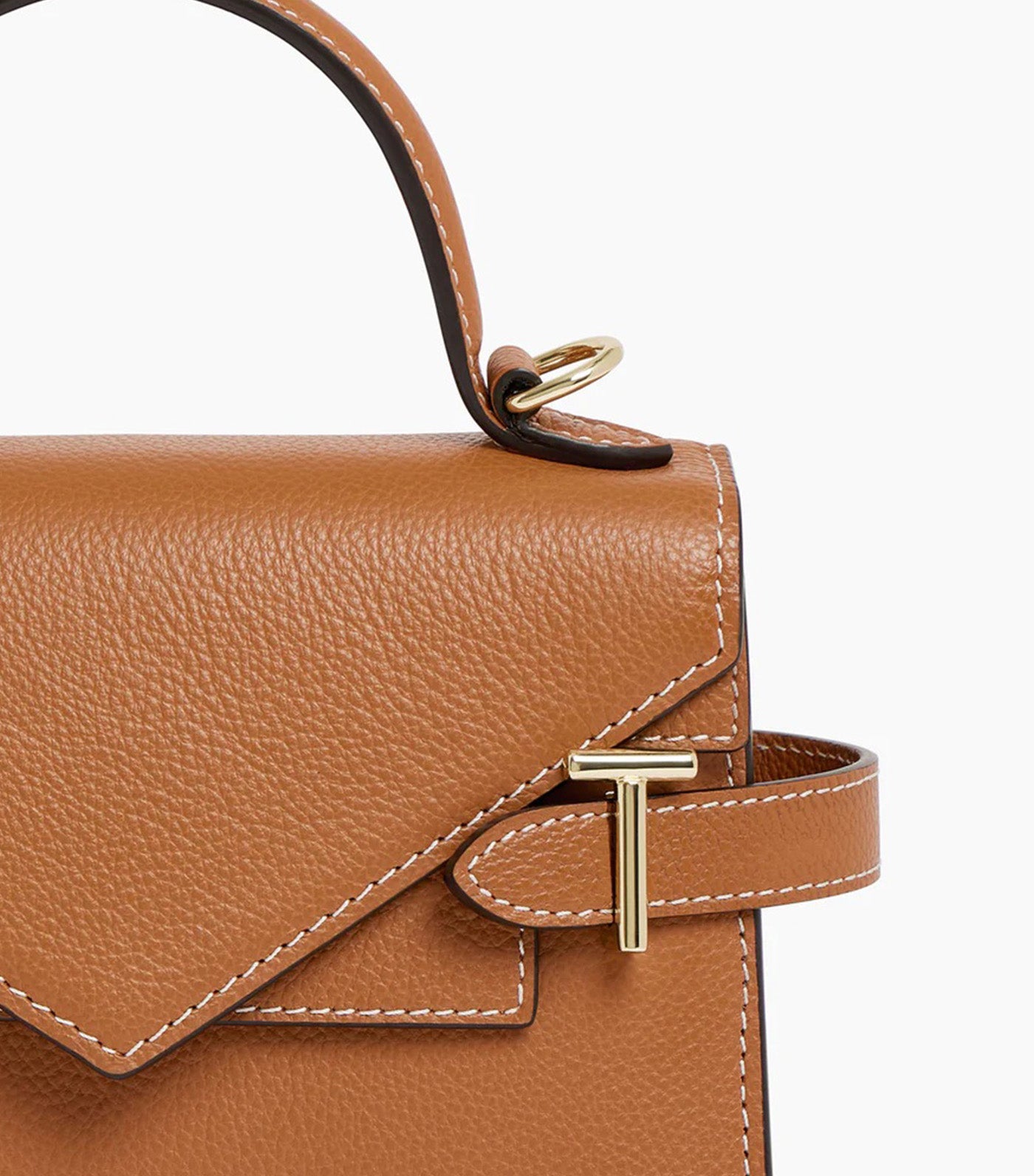 Le Tanneur Emily Small Double Flap Handbag in Grained Leather Brown Tan
