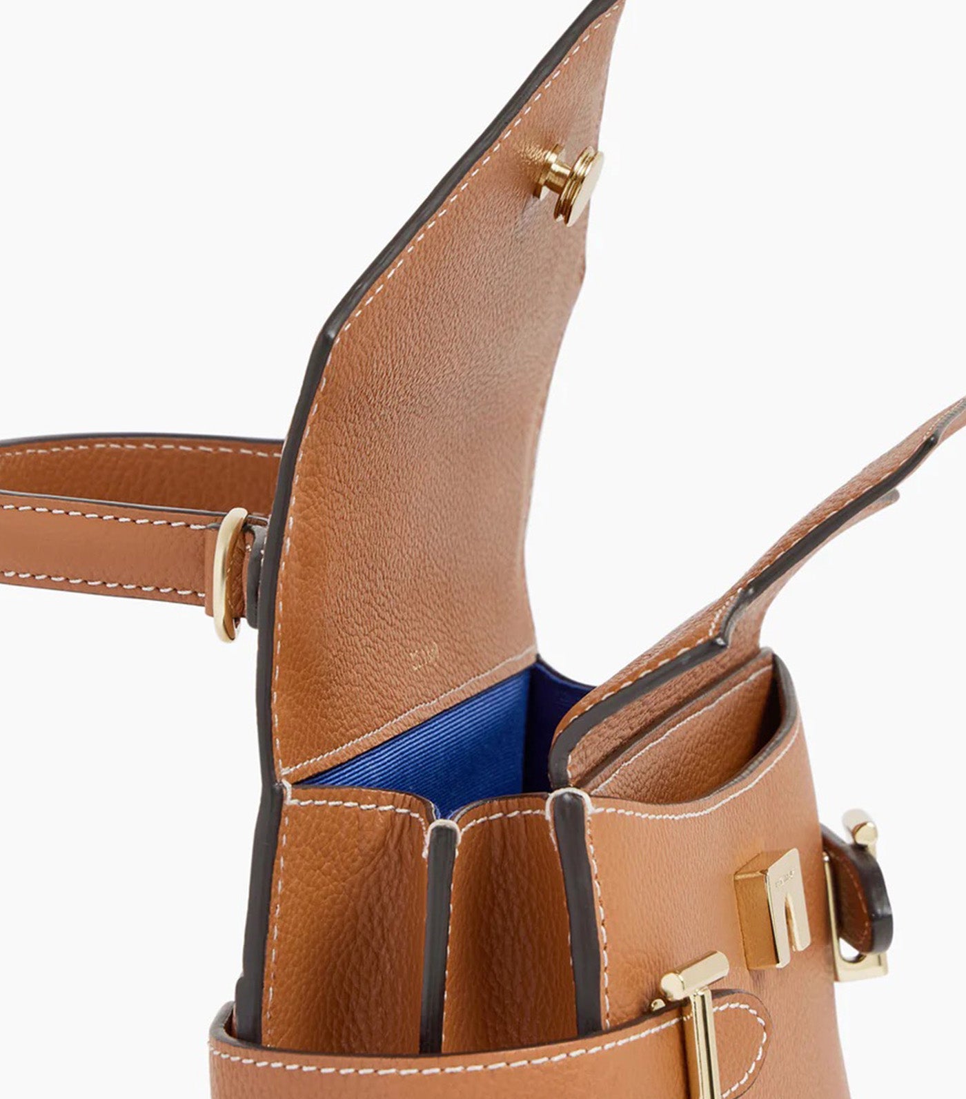 Le Tanneur Emily Small Double Flap Handbag in Grained Leather Brown Tan