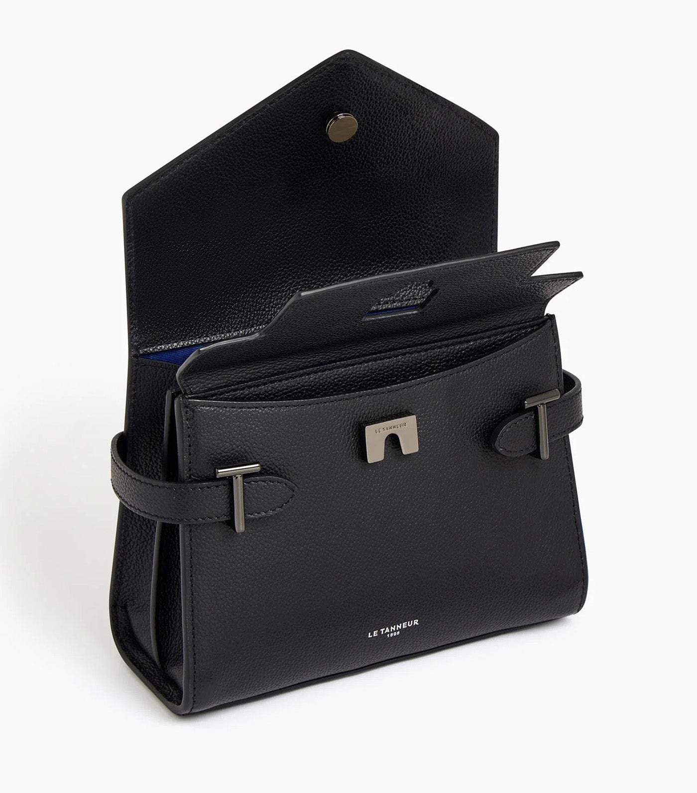 Le Tanneur Emily Small Double Flap Handbag in Grained Leather Black