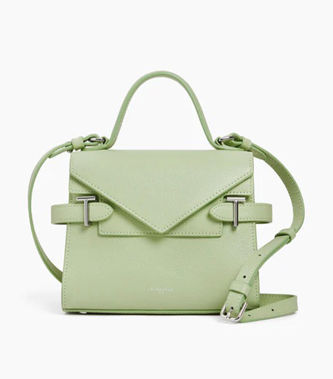 Le Tanneur Emily Small Double Flap Handbag in Grained Leather Aloe Green