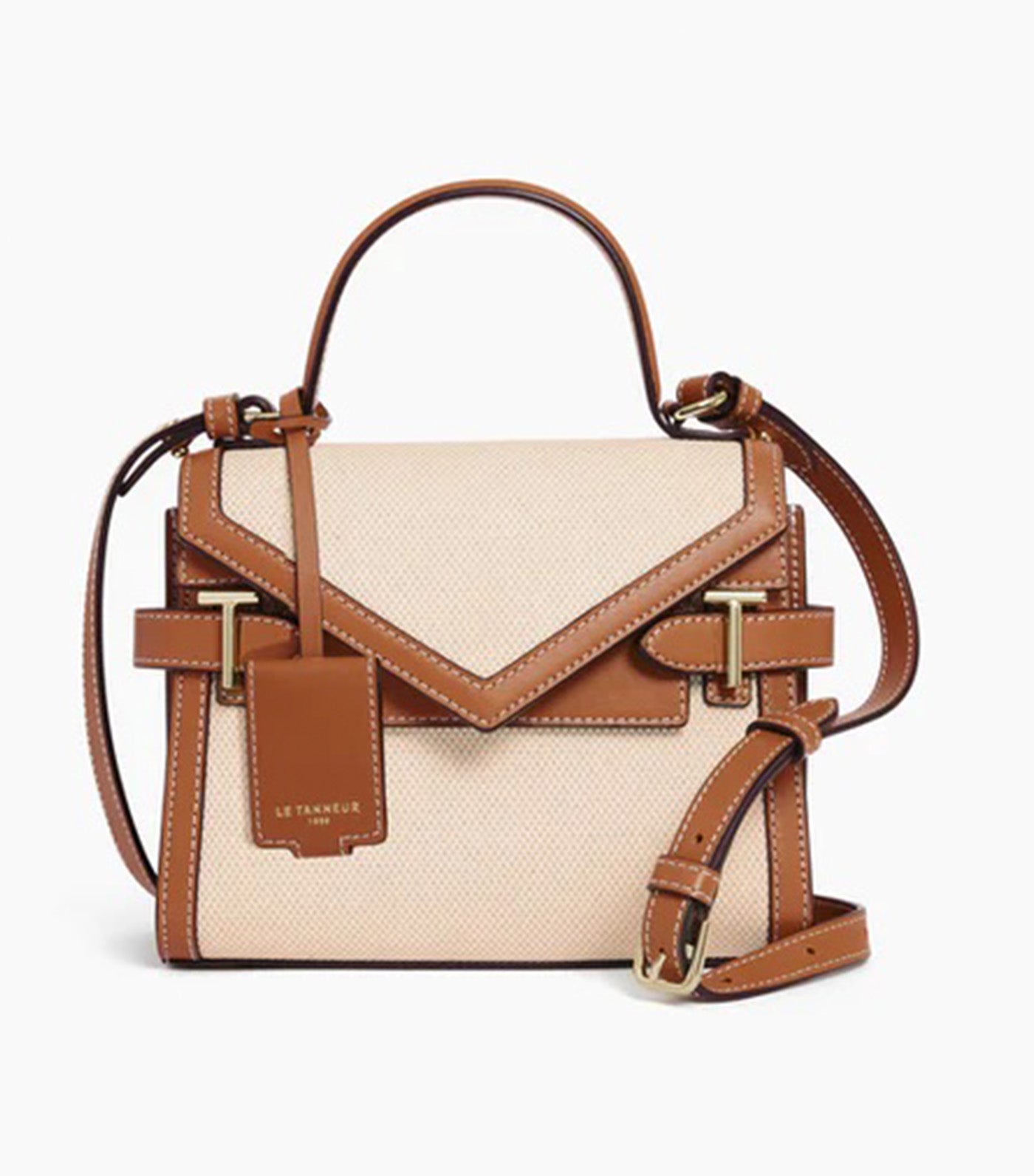 Le Tanneur Emily Small Double Flap Handbag in Cotton Canvas and Smooth Leather Natural Brown Tan