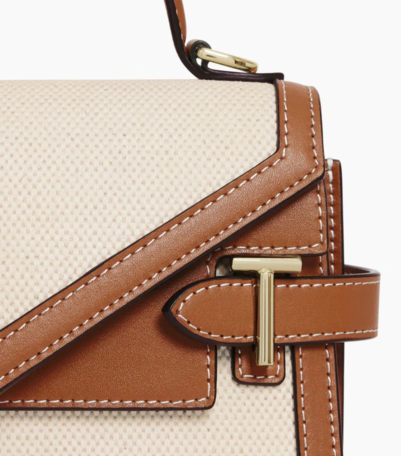 Le Tanneur Emily Small Double Flap Handbag in Cotton Canvas and Smooth Leather Natural Brown Tan