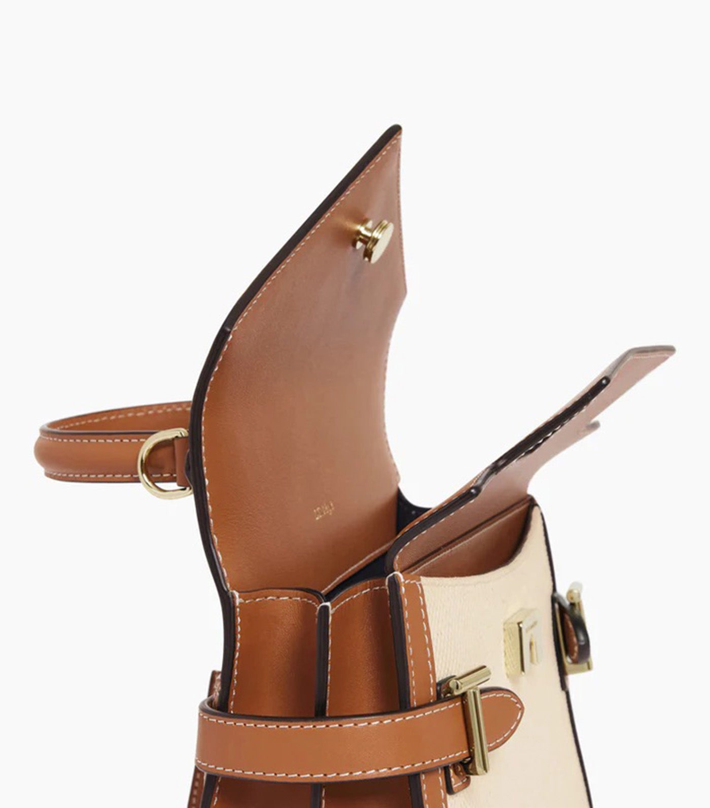 Le Tanneur Emily Small Double Flap Handbag in Cotton Canvas and Smooth Leather Natural Brown Tan