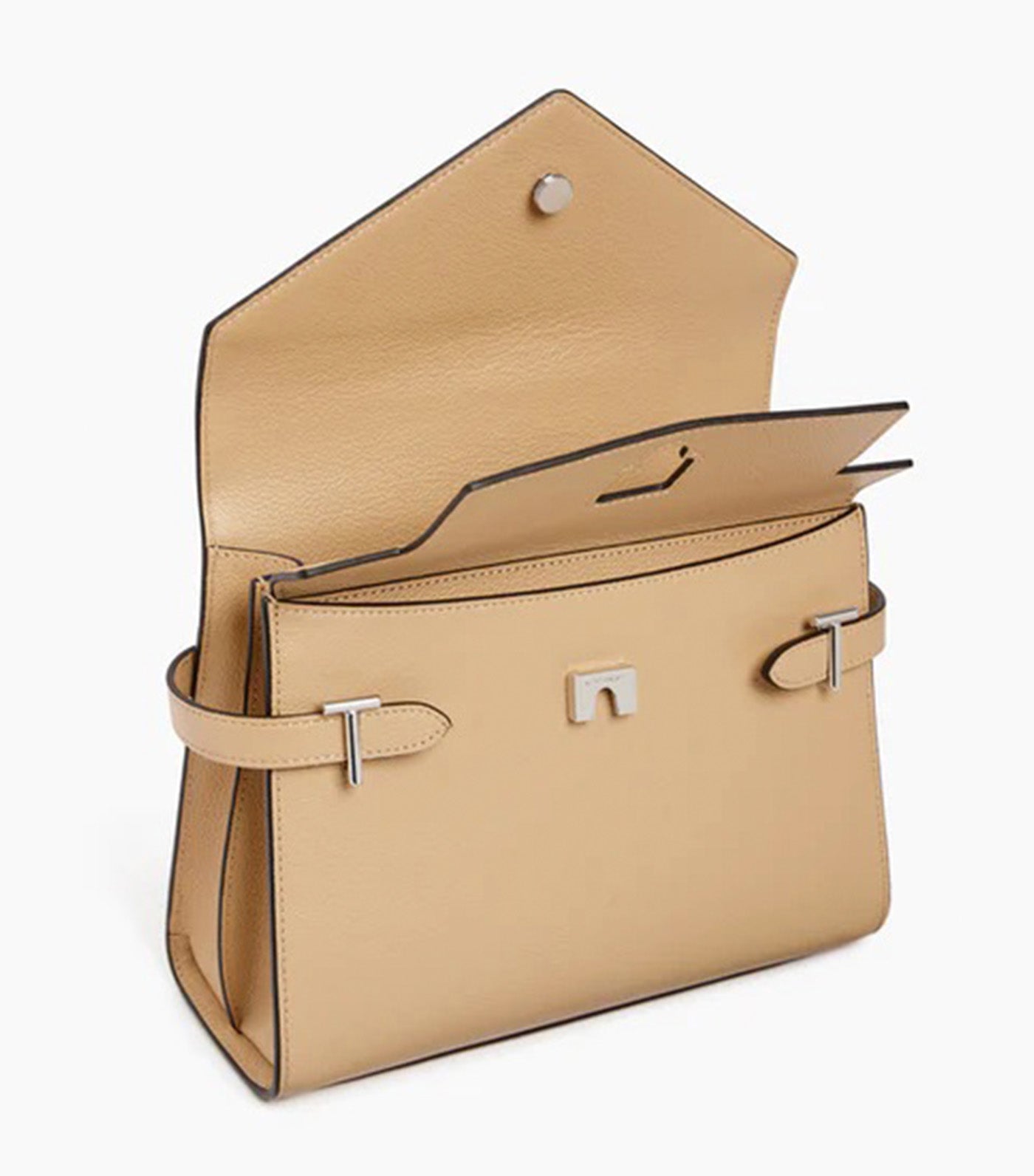 Le Tanneur Emily Medium Double Flap Handbag in Grained Leather Desert Beige
