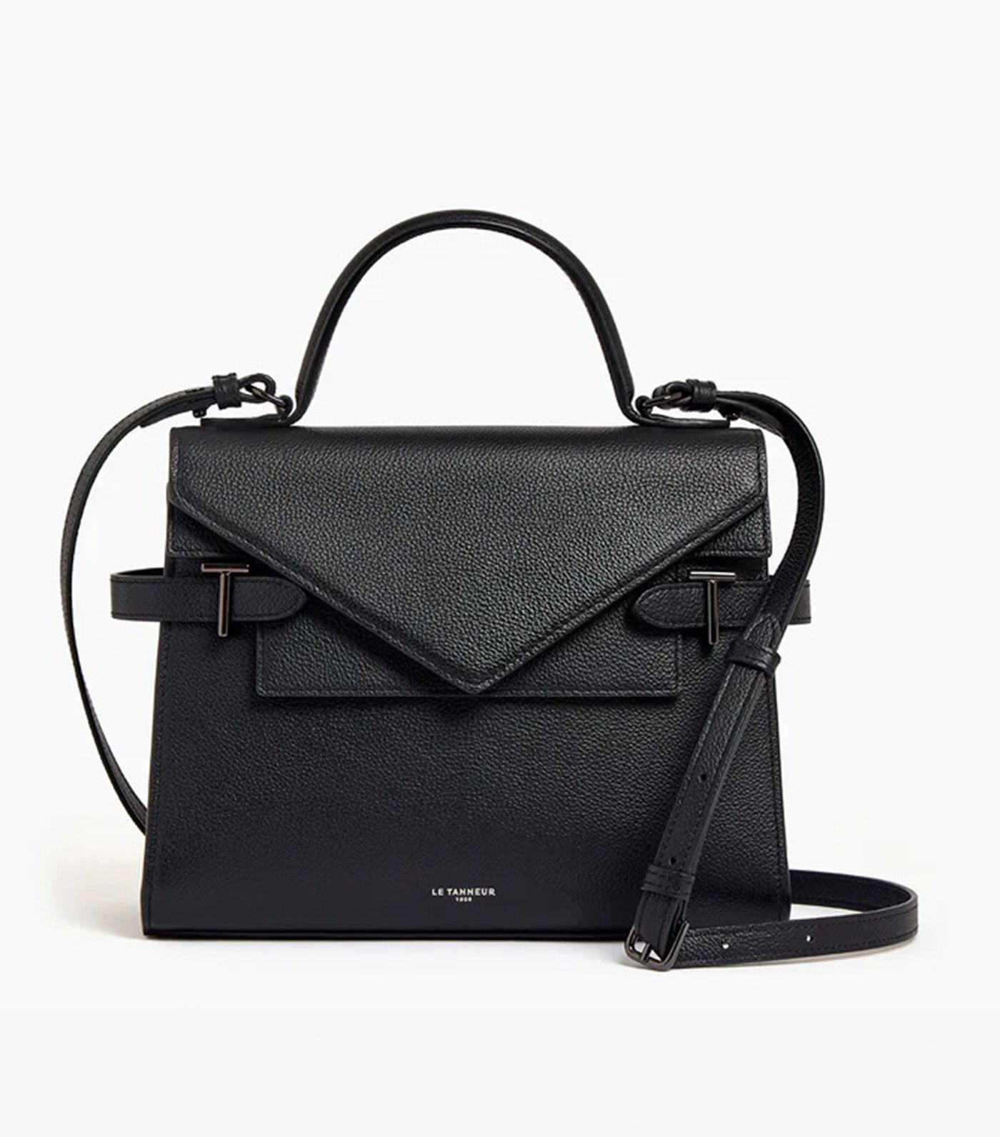 Le Tanneur Emily Medium Double Flap Handbag in Grained Leather Black