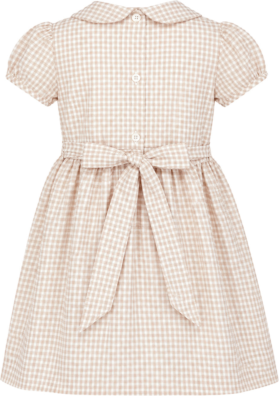 Sonya Girls Checkered Smocked Dress with Bow Clip Beige