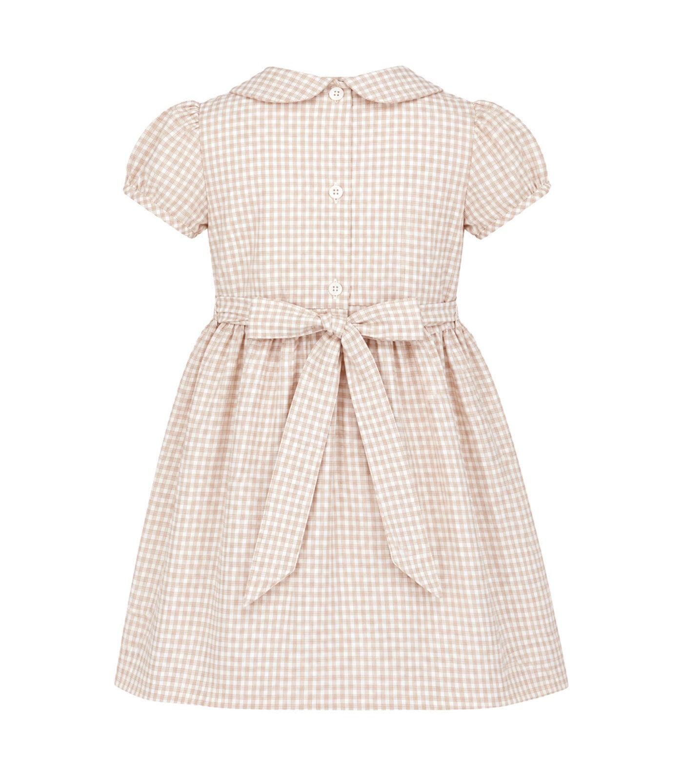 Sonya Girls Checkered Smocked Dress with Bow Clip Beige