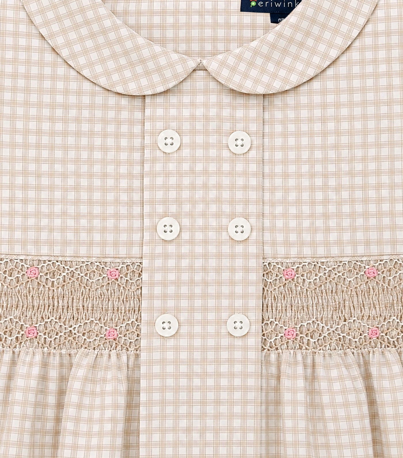 Sonya Girls Checkered Smocked Dress with Bow Clip Beige