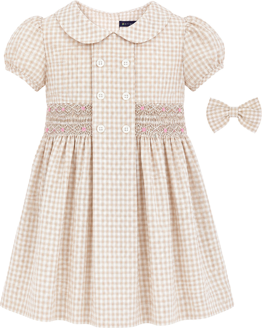 Sonya Girls Checkered Smocked Dress with Bow Clip Beige