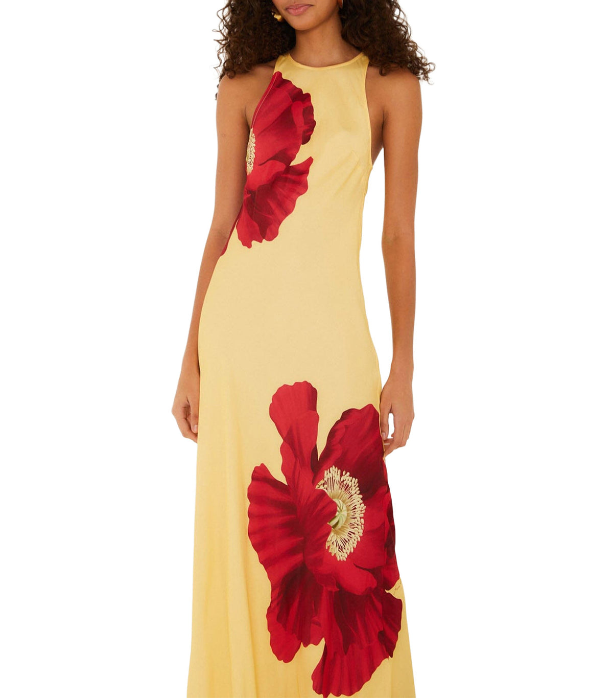 Poppy Flowers Sleeveless Maxi Dress Light Yellow
