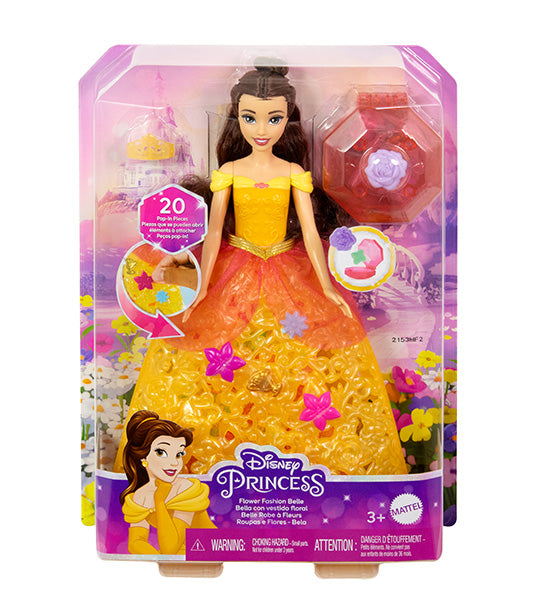 Disney Princess Flower Fashion Belle Doll with 20 Charms, Customizable Skirt & Storage Case