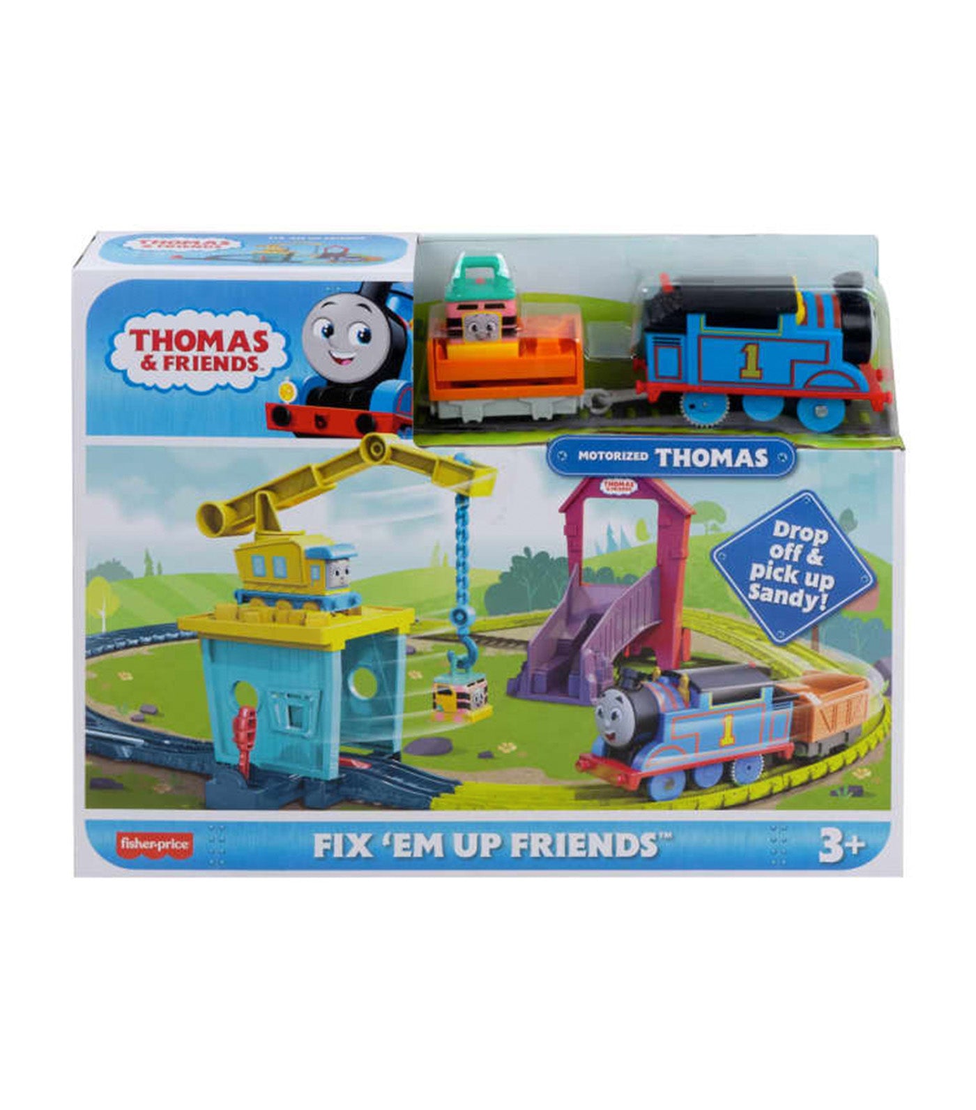 Motorized Toy Train Set Fix 'em Up Friends with Carly the Crane, Sandy the Rail Speeder & Thomas