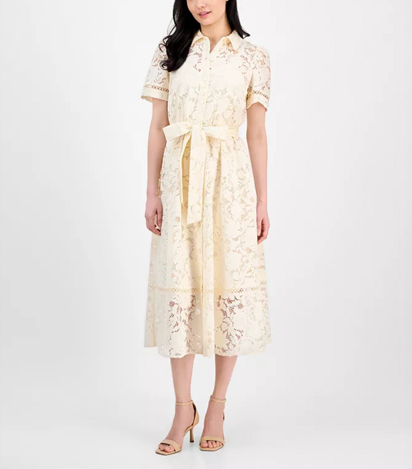 Lace Button-Down Tie-Waist Midi Tea Dress Light Dune