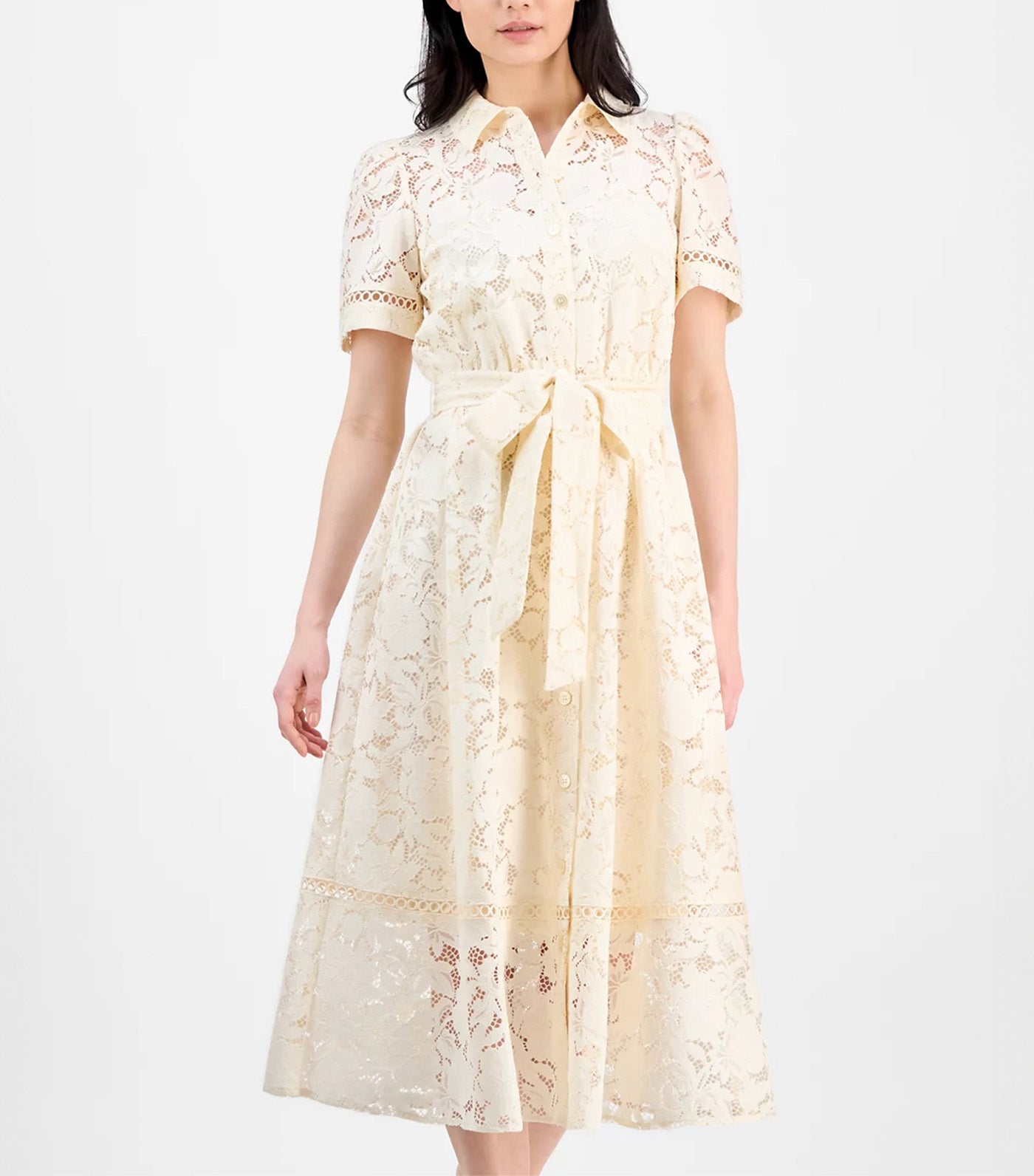 Lace Button-Down Tie-Waist Midi Tea Dress Light Dune