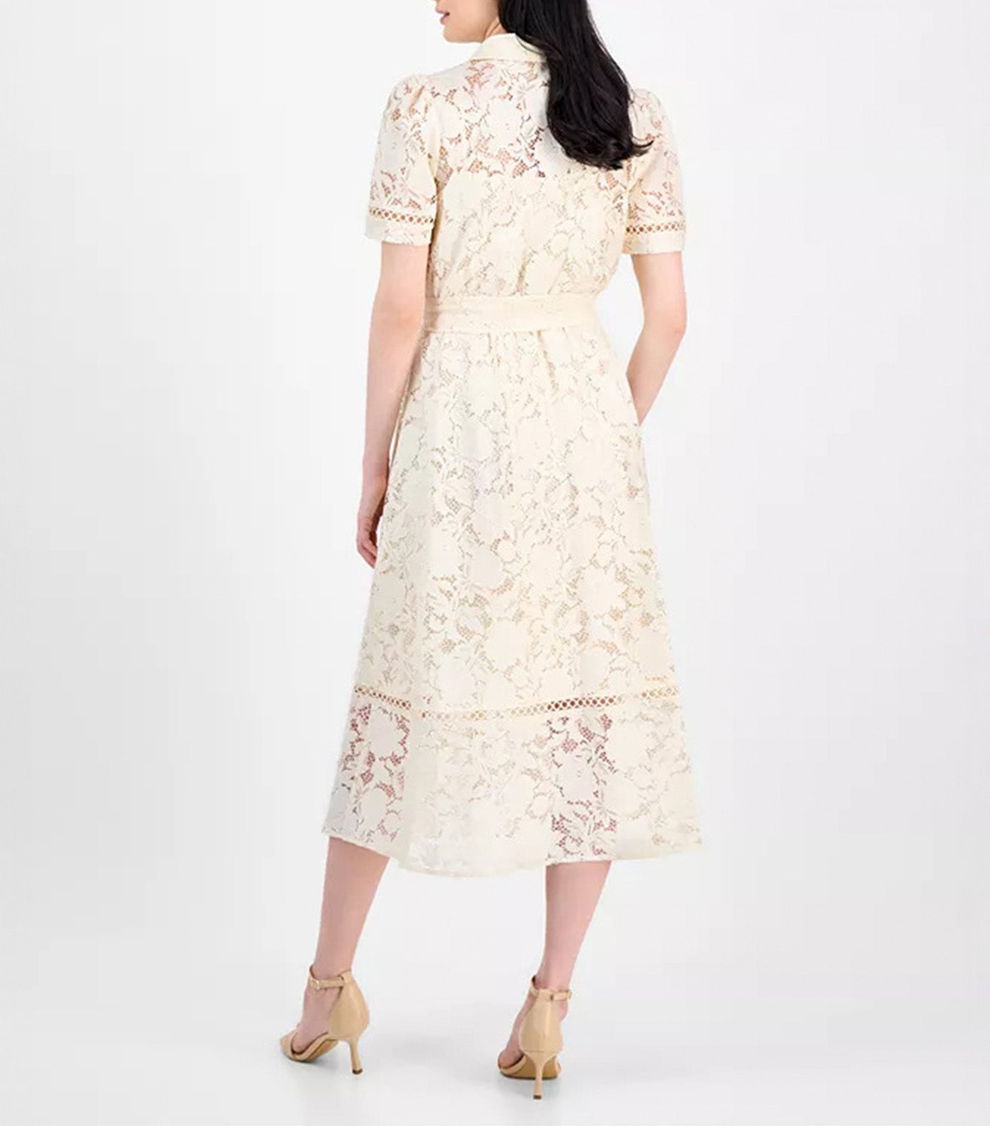 Lace Button-Down Tie-Waist Midi Tea Dress Light Dune
