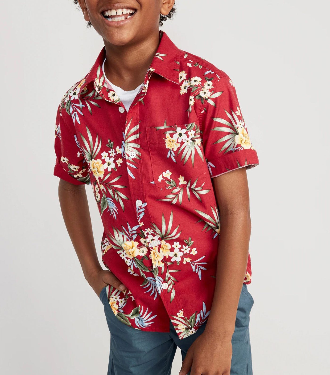 Short-Sleeve Printed Poplin Shirt for Boys - Red Floral