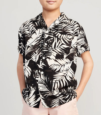 Short-Sleeve Printed Camp Shirt for Boys - Black Floral