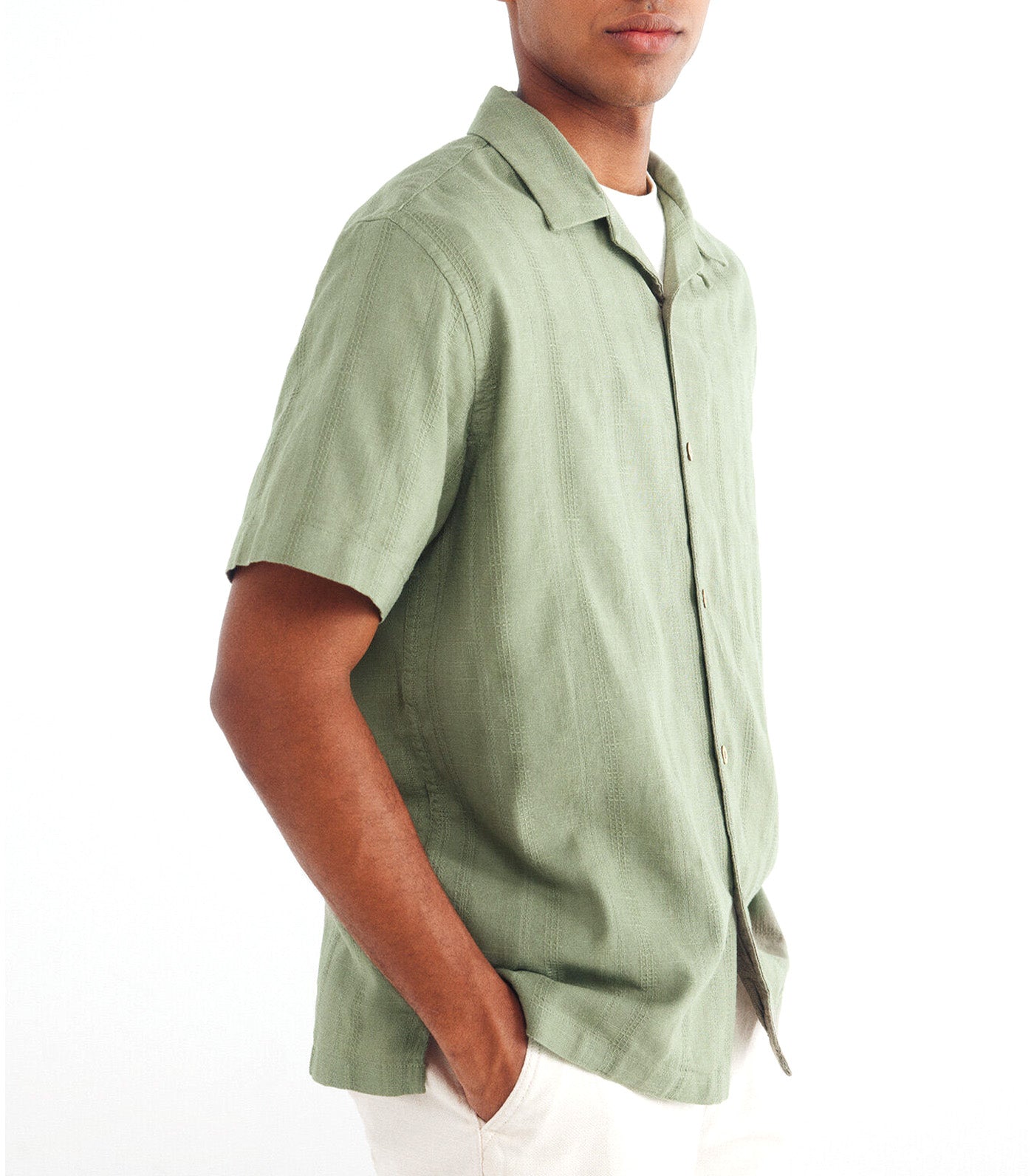 Short-Sleeved Jacquard Linen Shirt Green