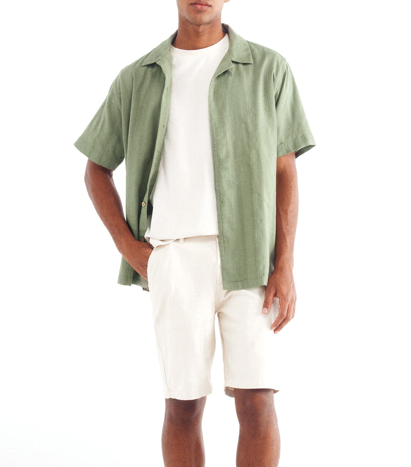 Short-Sleeved Jacquard Linen Shirt Green