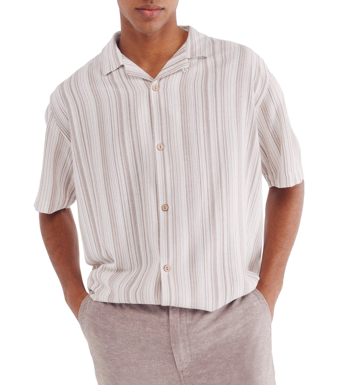 Multi-Stripe Linen Viscose Short-Sleeved Shirt Beige