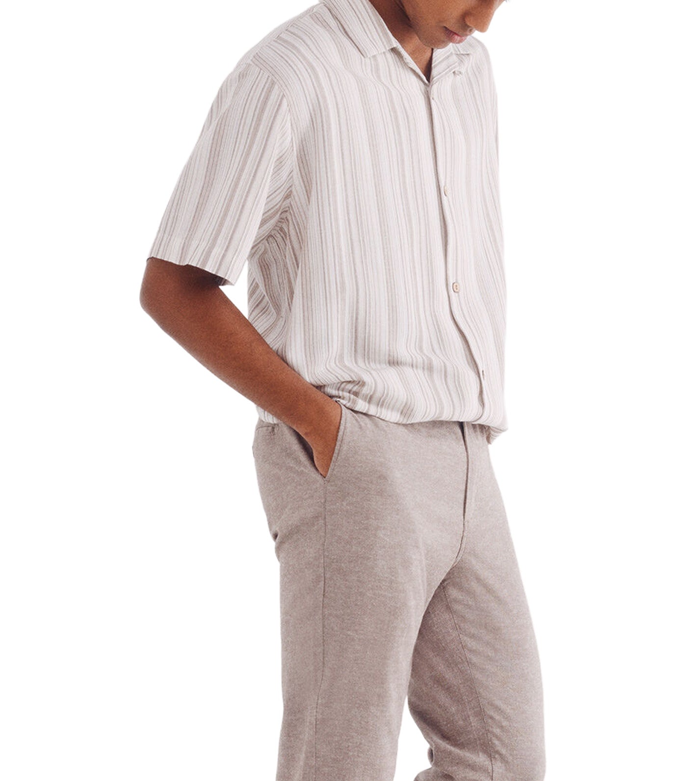 Multi-Stripe Linen Viscose Short-Sleeved Shirt Beige