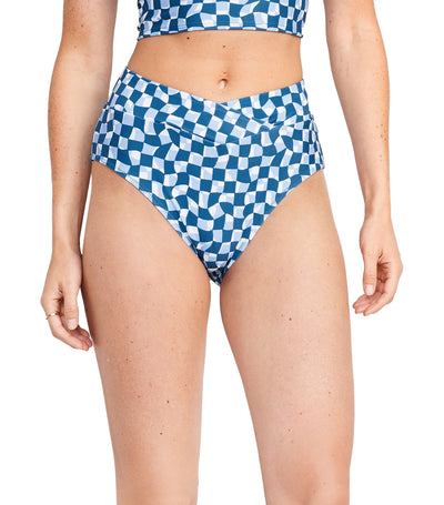 Matching High-Waisted Cross-Front Bikini Swim Bottoms for Women Navy Blue Check