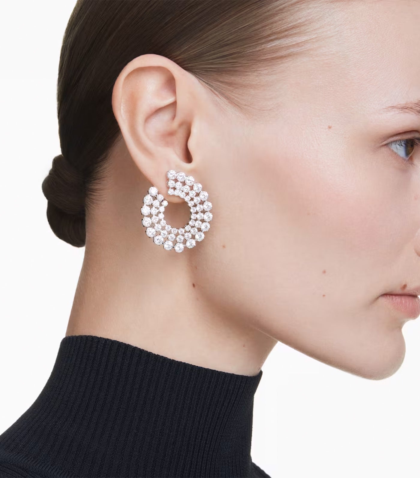 Matrix Hoop Earrings Mixed Round Cuts, Rhodium Plated, White