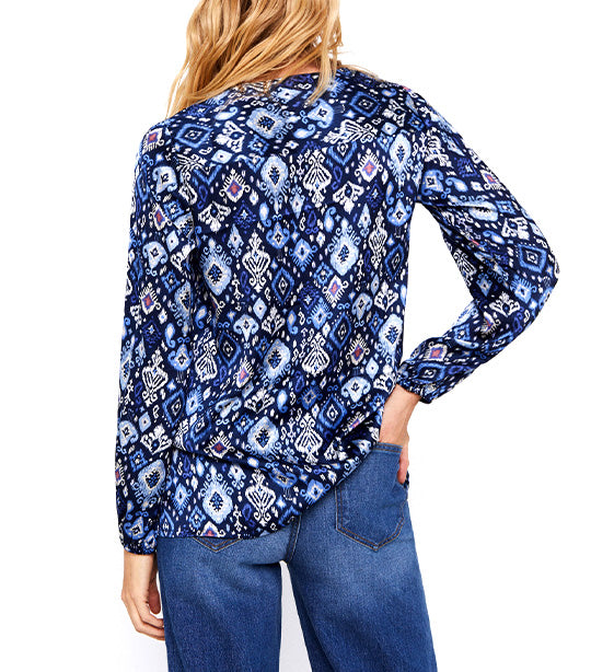 Long Satin Blouse Blue Print