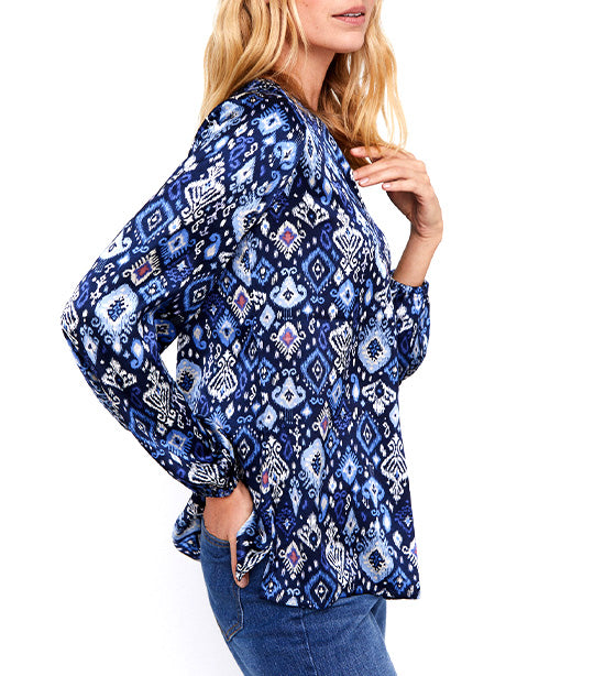 Long Satin Blouse Blue Print