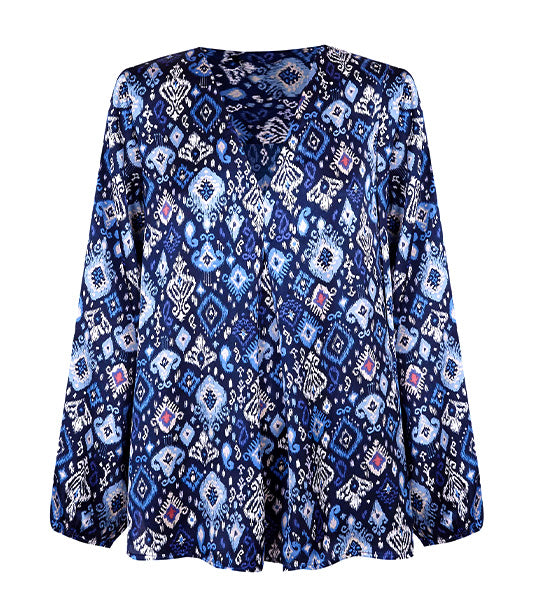 Long Satin Blouse Blue Print