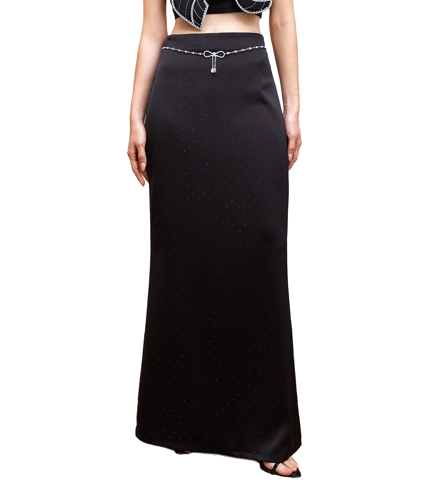 Rhinestone Embellished Satin Maxi Skirt Black