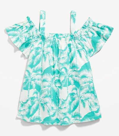 Cold-Shoulder Printed Swing Top for Girls - Palm Green