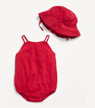 Sleeveless Embroidered Floral Eyelet One-Piece Romper & Bucket Hat Set for Baby - Robbie Red