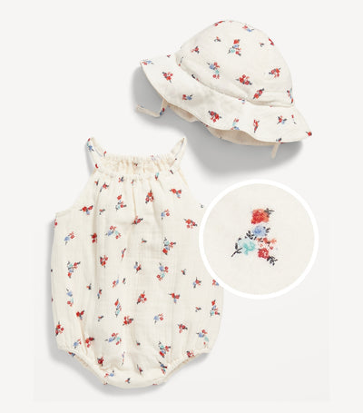Matching Sleeveless Double-Weave One-Piece Romper & Bucket Hat for Baby - Red/White Floral