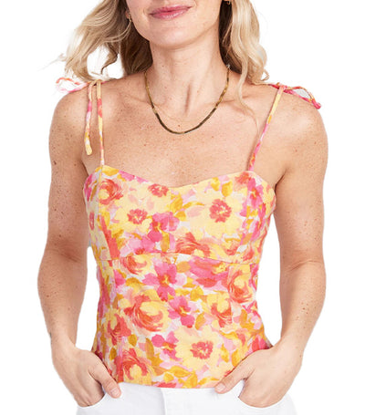 Fitted Linen-Blend Tie-Shoulder Cropped Cami Top For Women Pink Floral