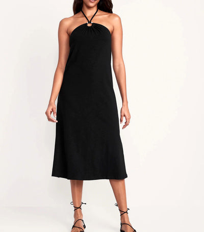 Slub-Knit Halter Midi Shift Dress for Women Black Jack