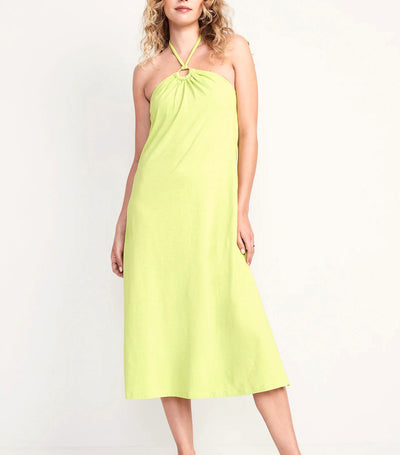 Slub-Knit Halter Midi Shift Dress for Women Green Sprout