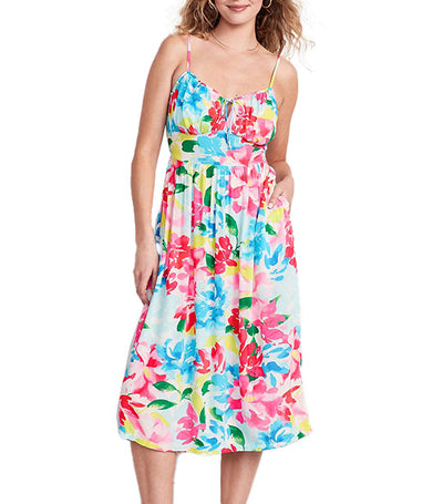 Fit & Flare Floral Smocked Midi Cami Dress for Women Blue Watercolor Floral