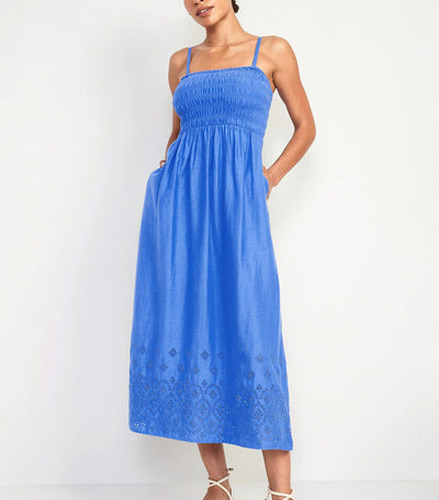 Fit & Flare Eyelet-Embroidered Smocked Maxi Cami Dress for Women Crayon Blue