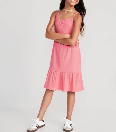 Rib-Knit Cinch-Front Swing Dress for Girls - Feeling Pink