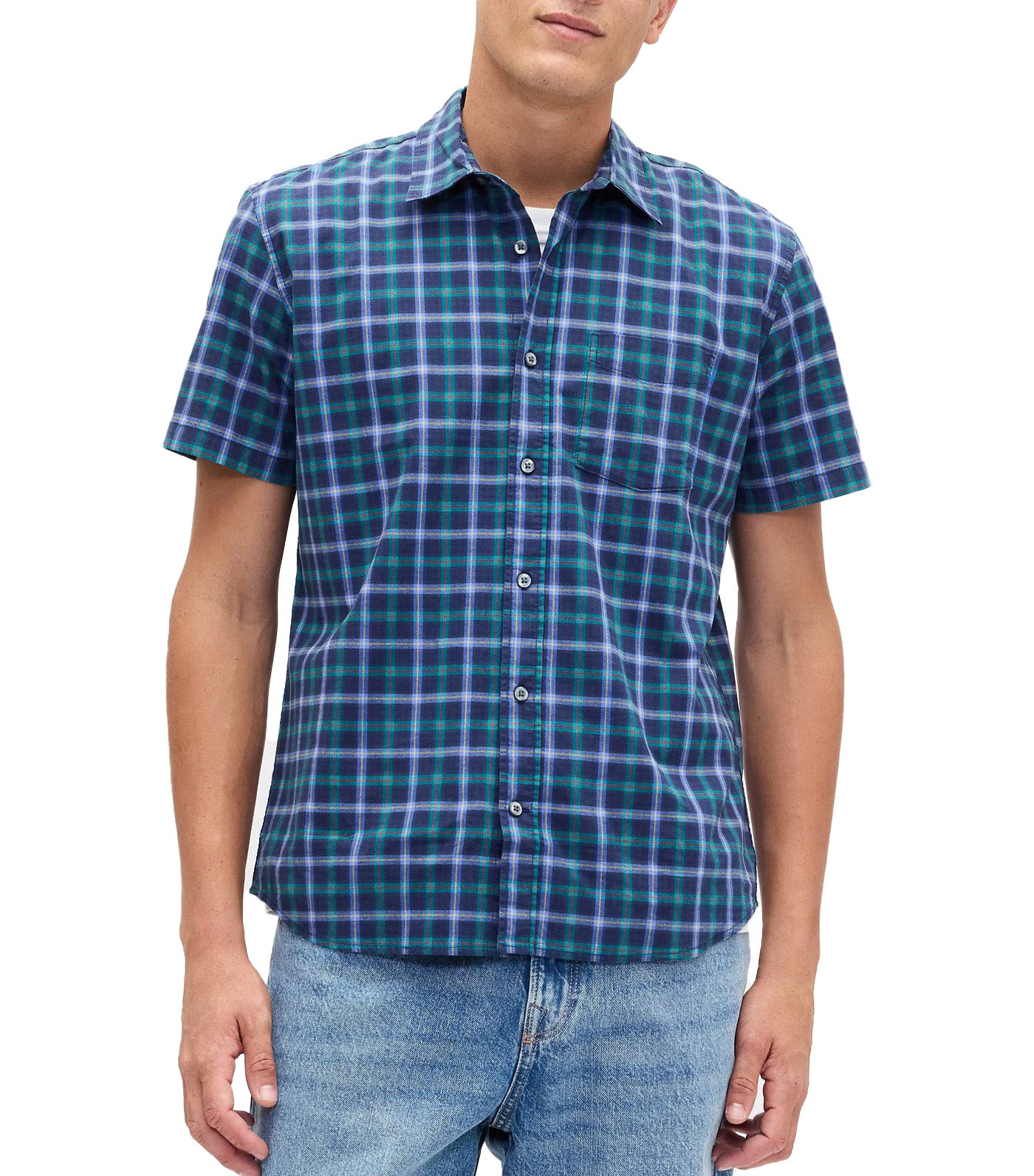 GAP Stretch Poplin Shirt in Standard Fit Green Multi Plaid