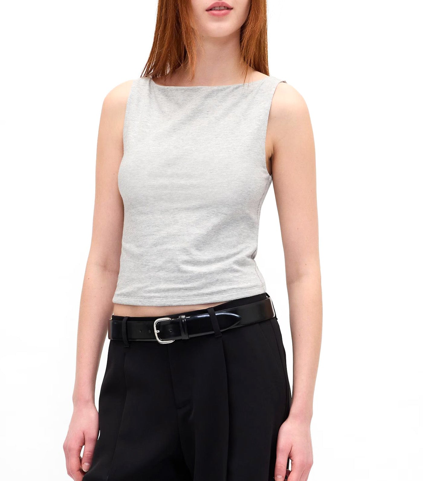 Close Knit Jersey Boatneck Crop Tank Top Light Gray Heather