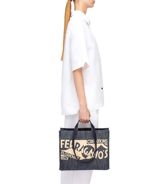 Tote Bag With Logo M Denim and Calf Denim/Natural