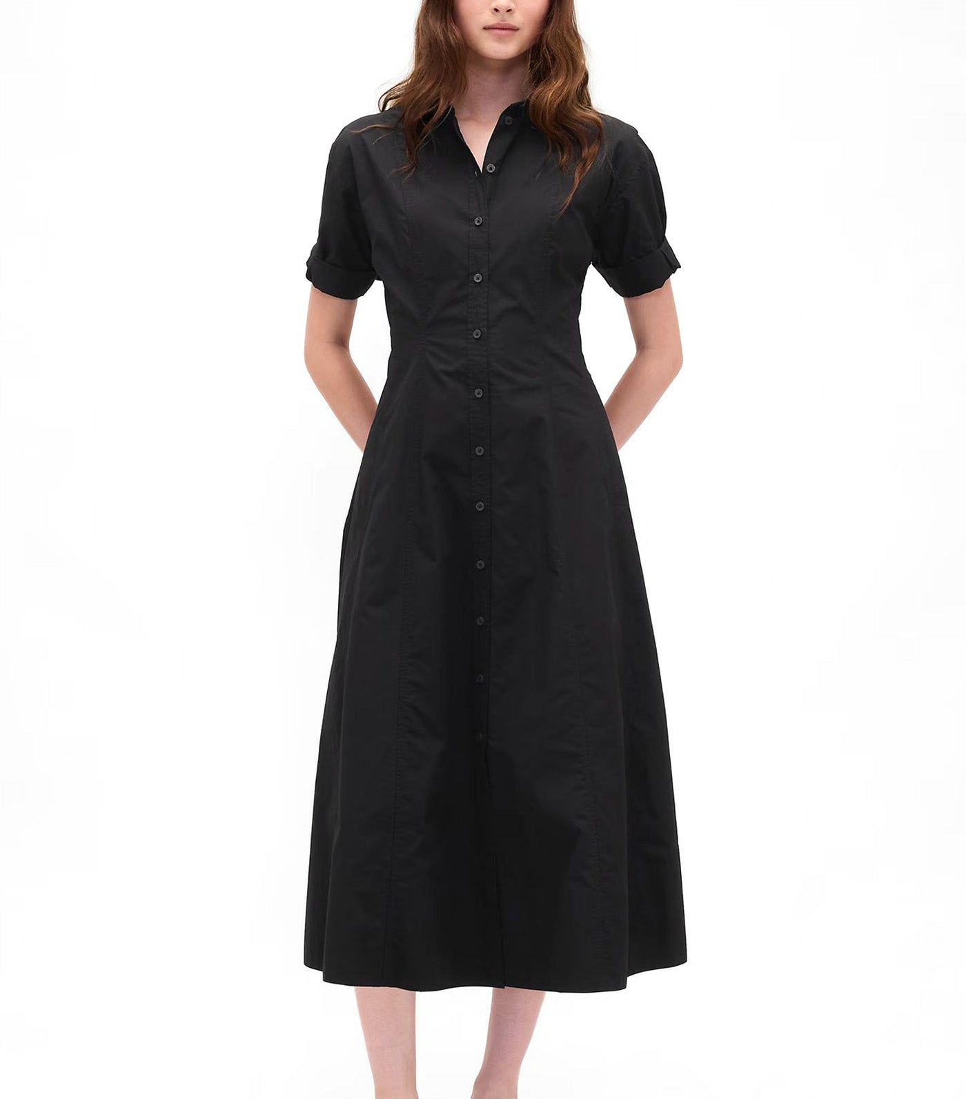 Poplin Roll-Cuff Midi Shirtdress