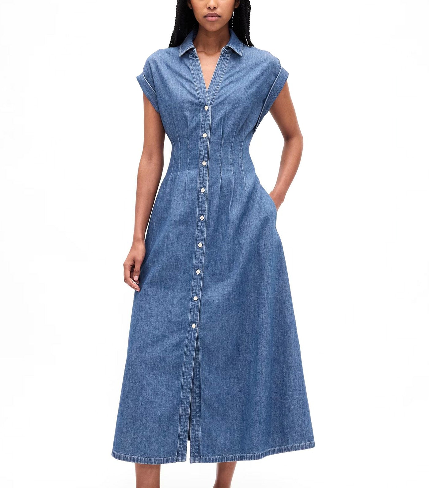 Denim Roll-Cuff Midi Shirtdress Medium Wash