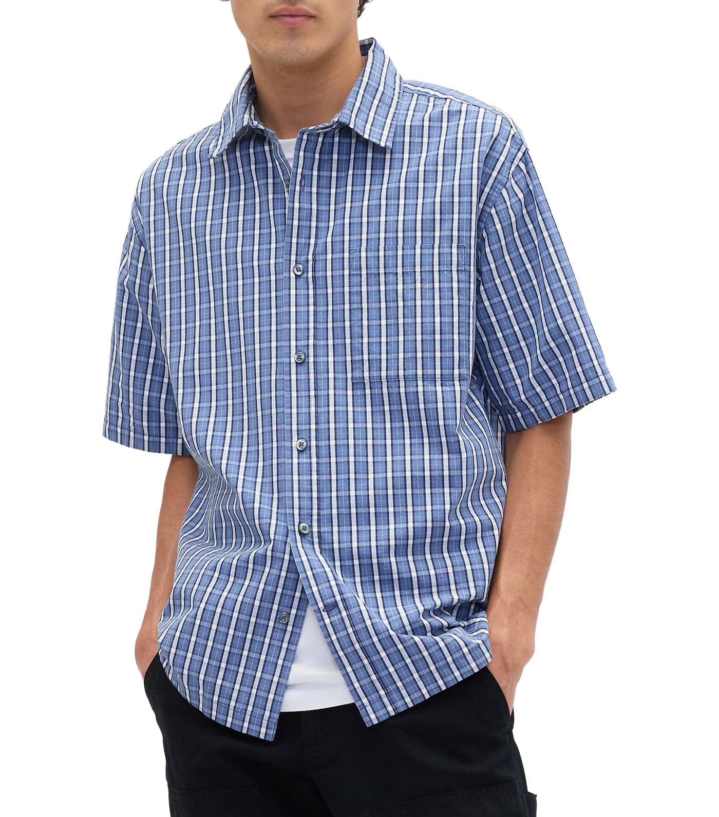 GAP Poplin Shirt in Boxy Fit Blue Plaid