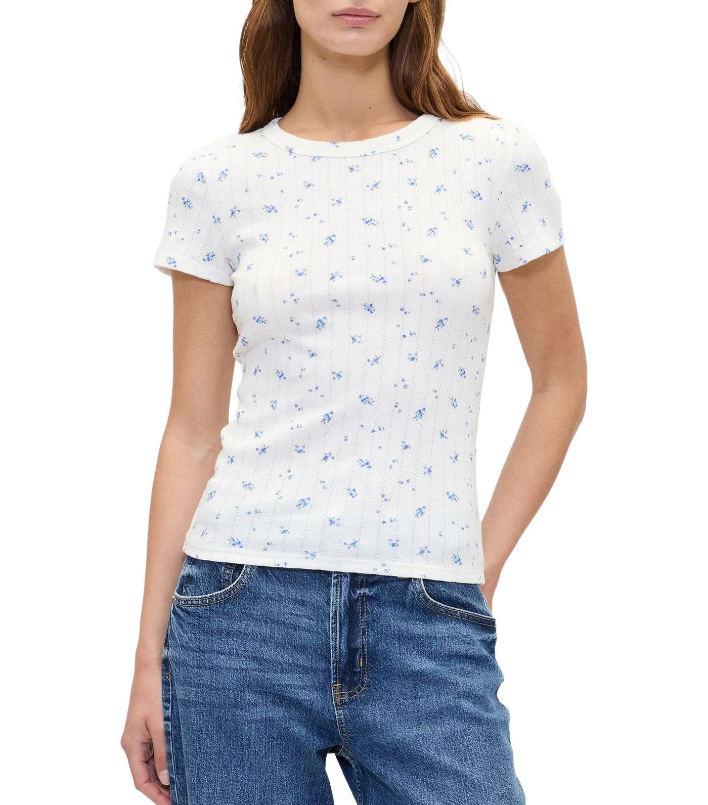 Ribbed Print Pointelle Crewneck T-Shirt