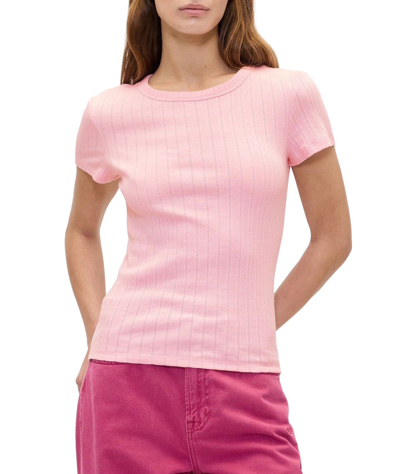 GAP Ribbed Pointelle Crewneck T-Shirt Pure Pink