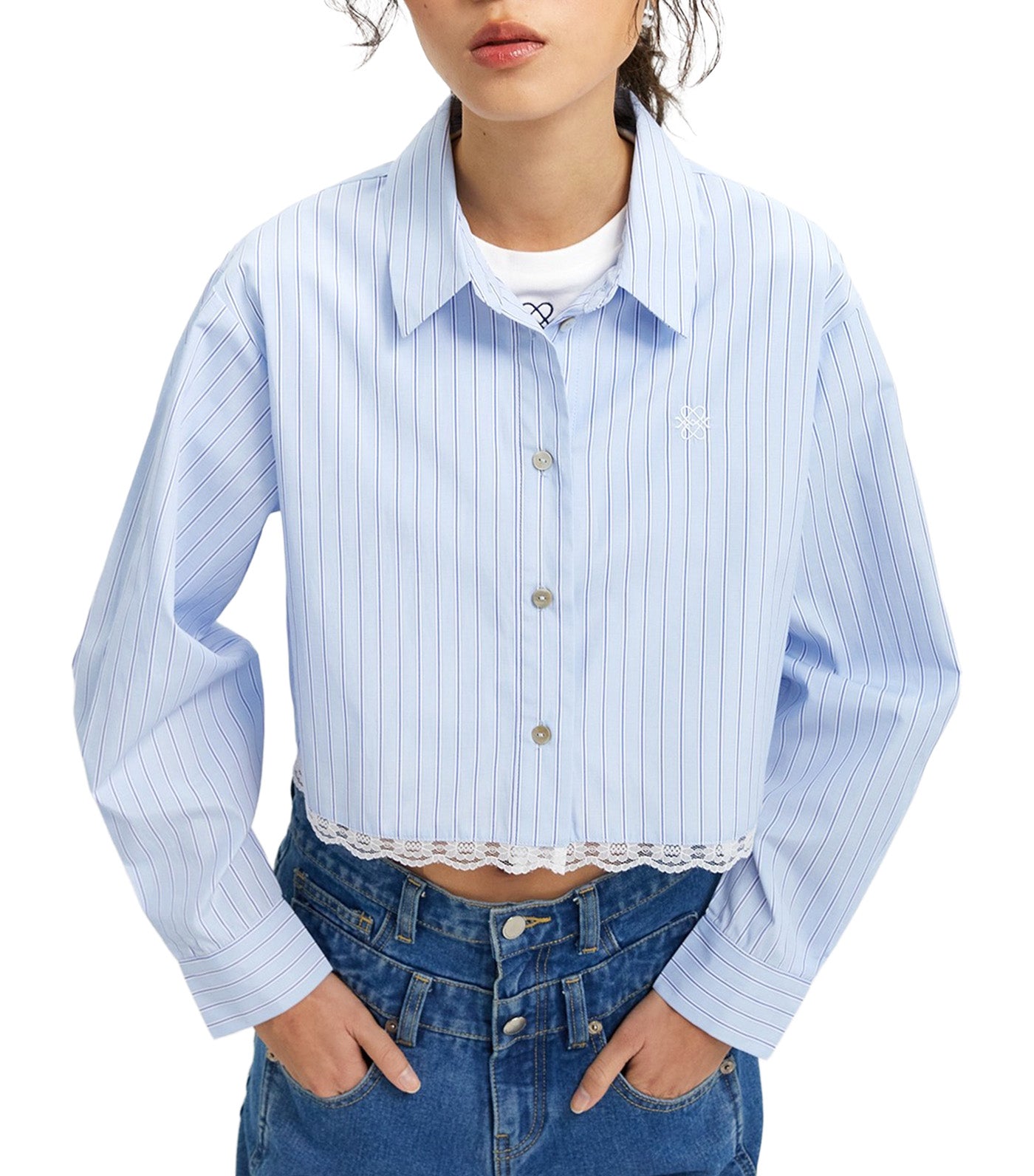 Striped Lace Trim Shirt Light Blue